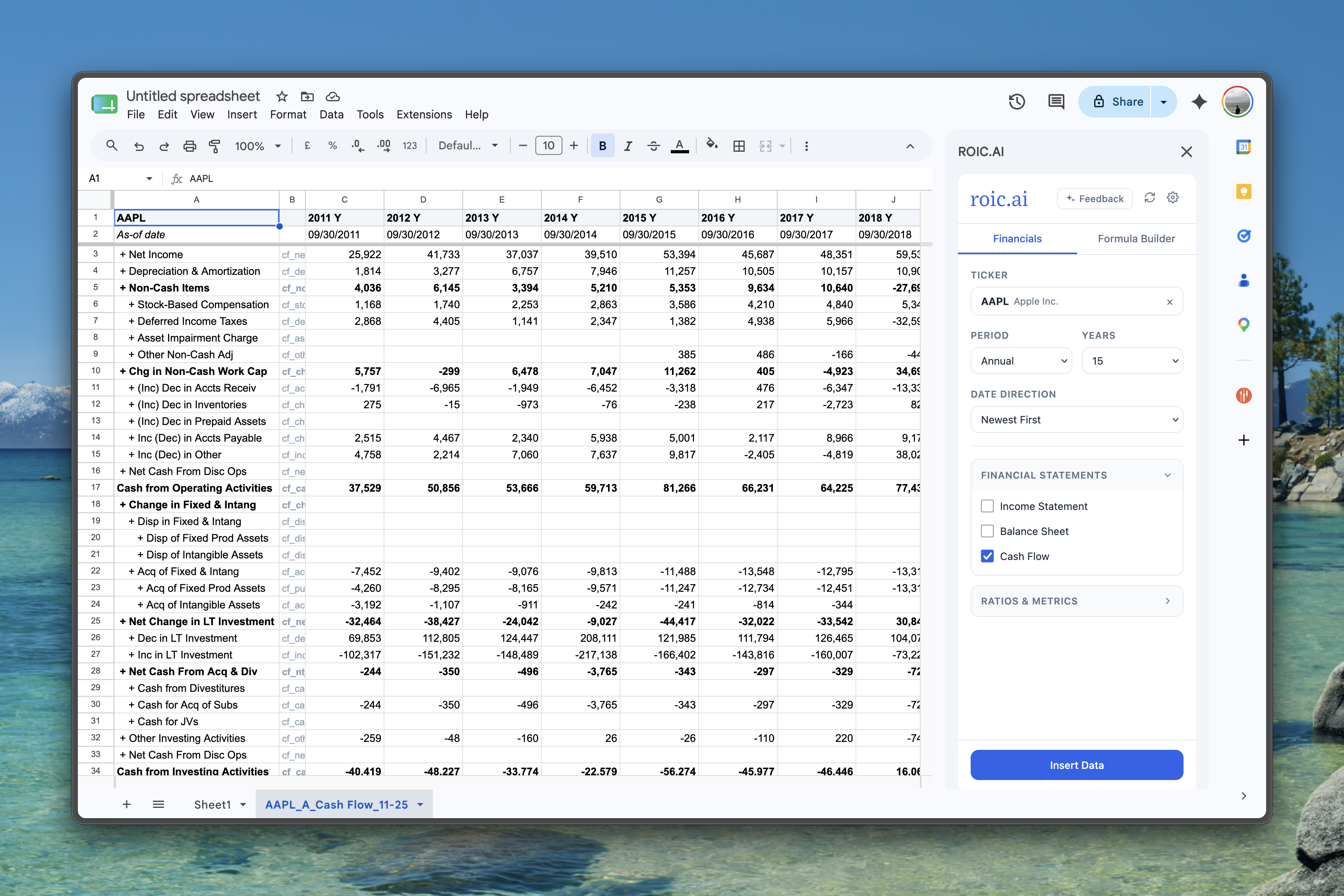 ROIC.ai add-on inside Google Sheets showing financial data tables